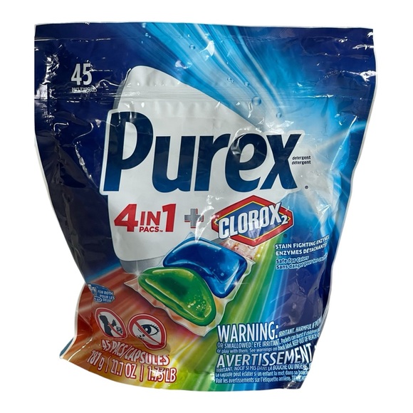 Purex 4 in 1 + Clorox Laundry Detergent Pacs 45 Capsules Safe For Colors Sealed - Picture 3 of 3